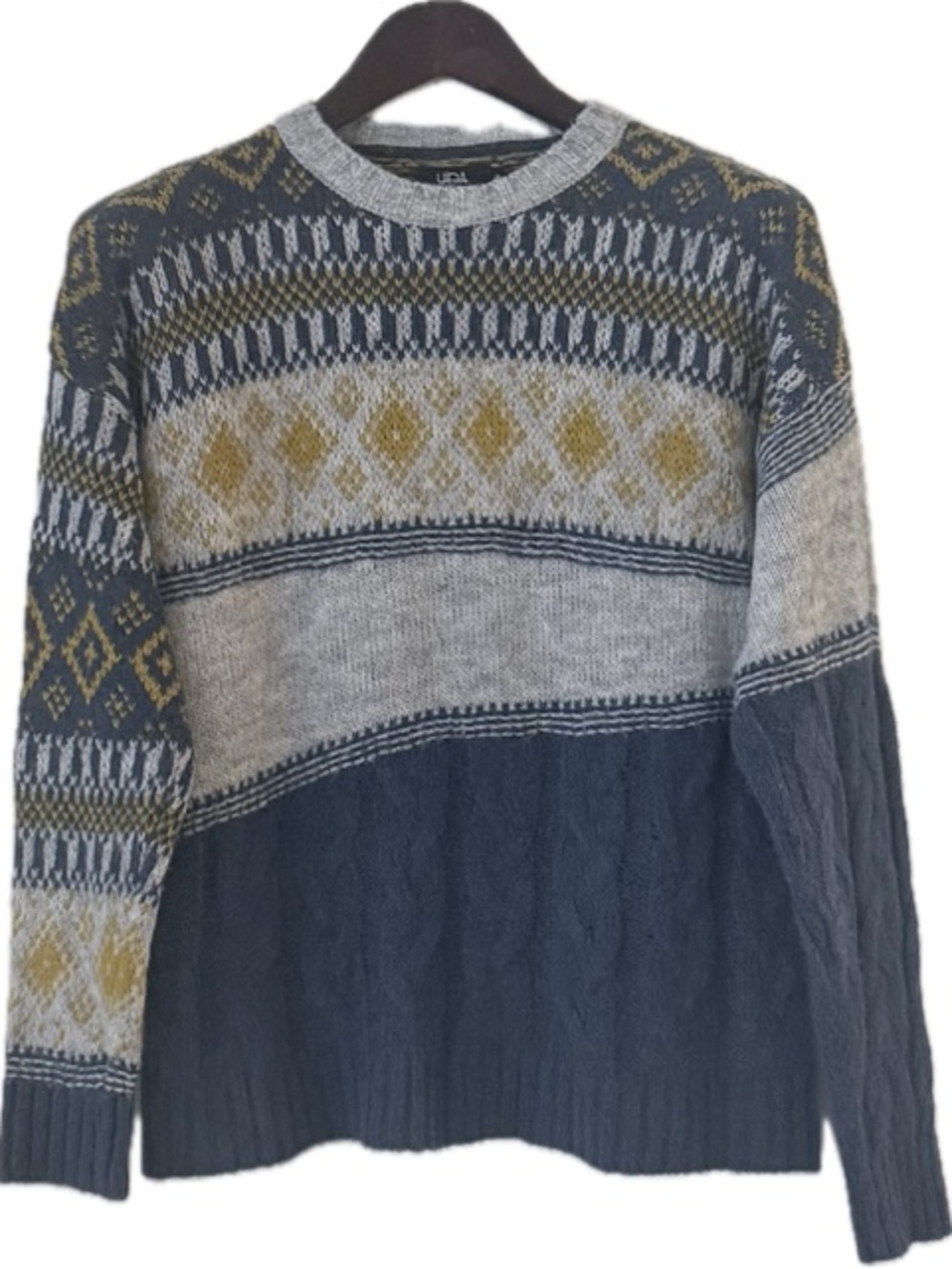 Cozy Fair Isle Crewneck Sweater in Gray, Navy & Mustard